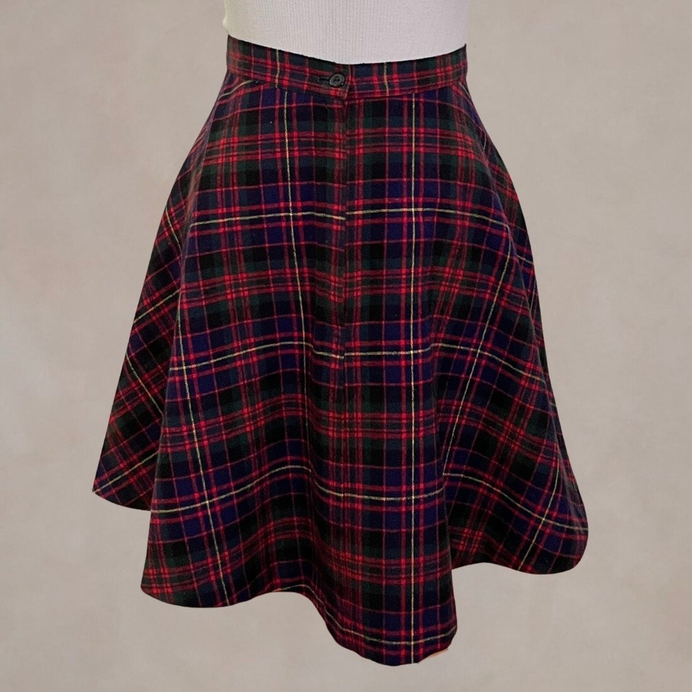 Vintage 80s Tartan Plaid Full Skirt Red Green High Waist ILGWU USA Size 6